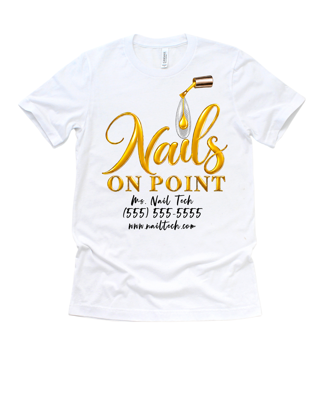 White Nails on Point nail tech T-shirt with yellow design
