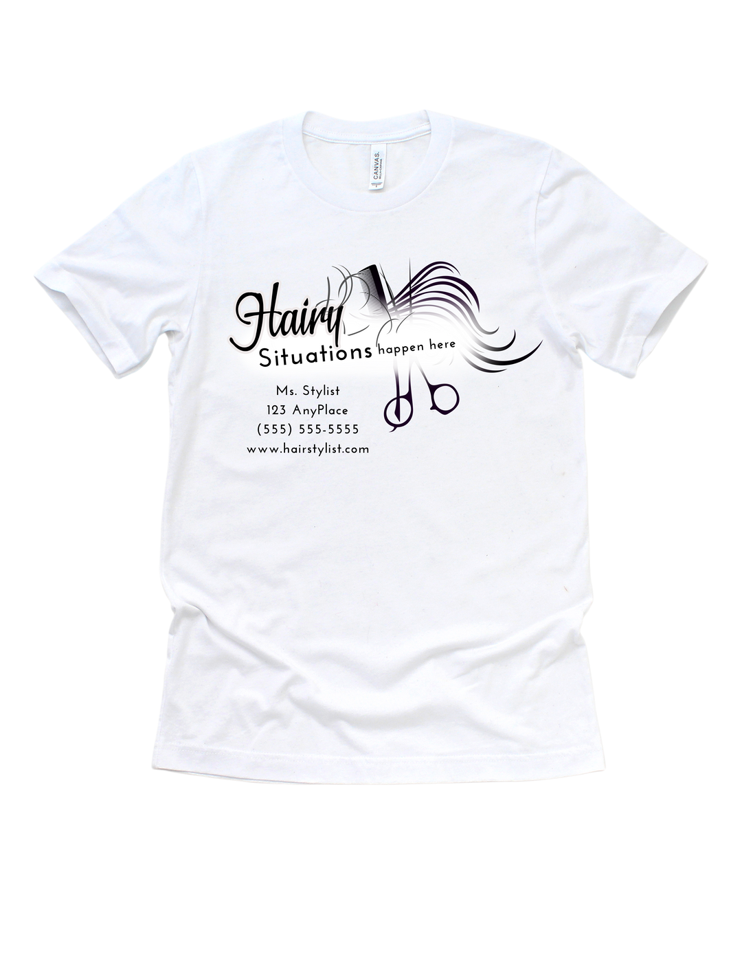 White Hairy Situations Happen Here customizable hairstylist adult T-shirt