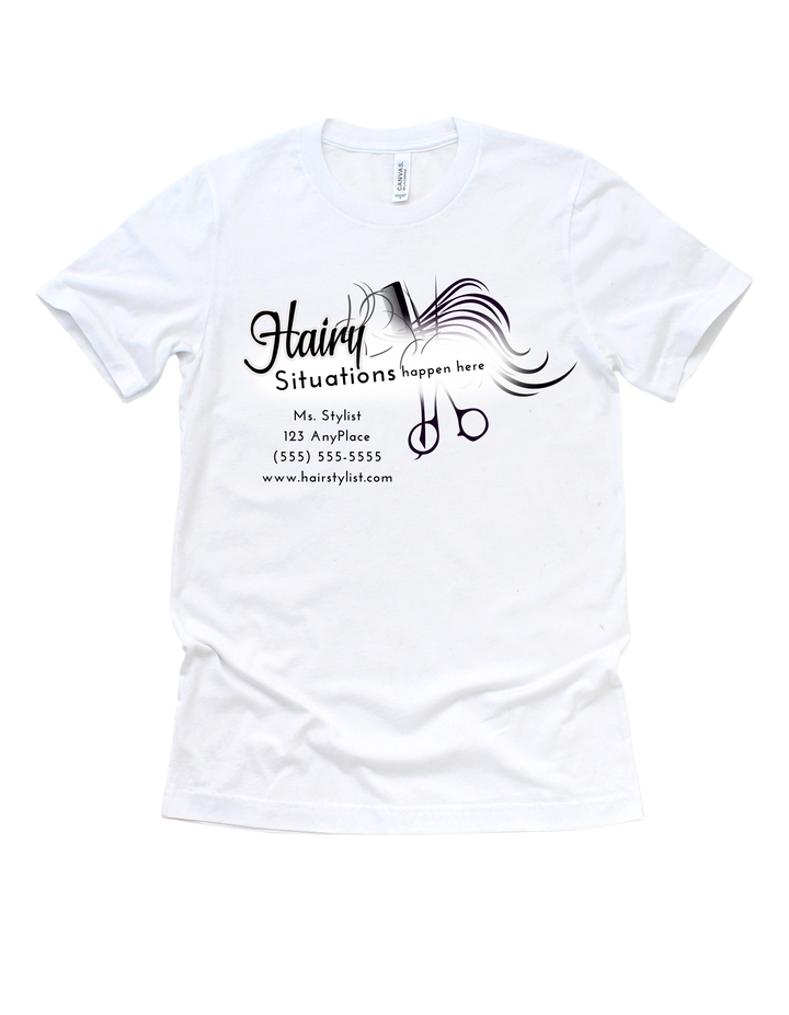 White Hairy Situations Happen Here customizable hairstylist adult T-shirt