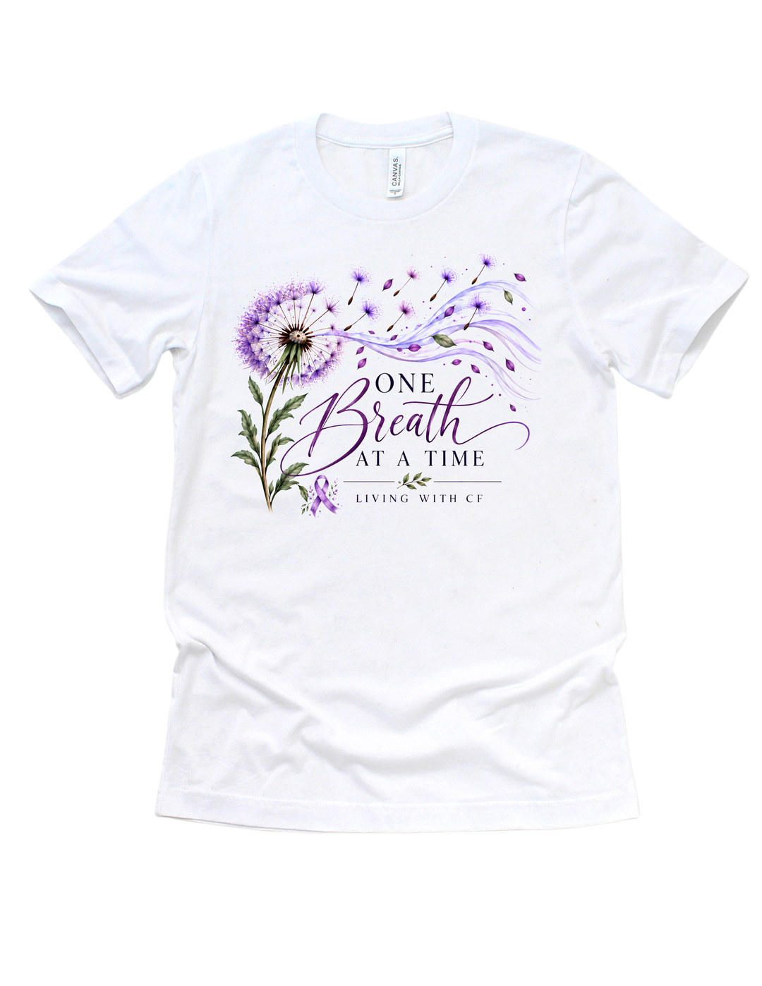 White One Breath at a Time cystic fibrosis awareness T-shirt with purple flowers and awareness ribbon