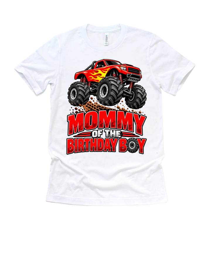 Monster Truck birthday mom design on a white adult T-shirt