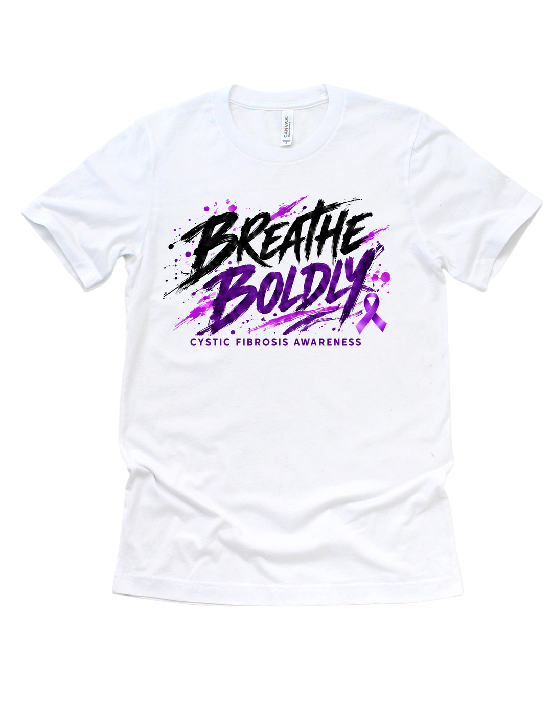 White Breathe Boldly cystic fibrosis awareness T-shirt with black and purple graphic lettering