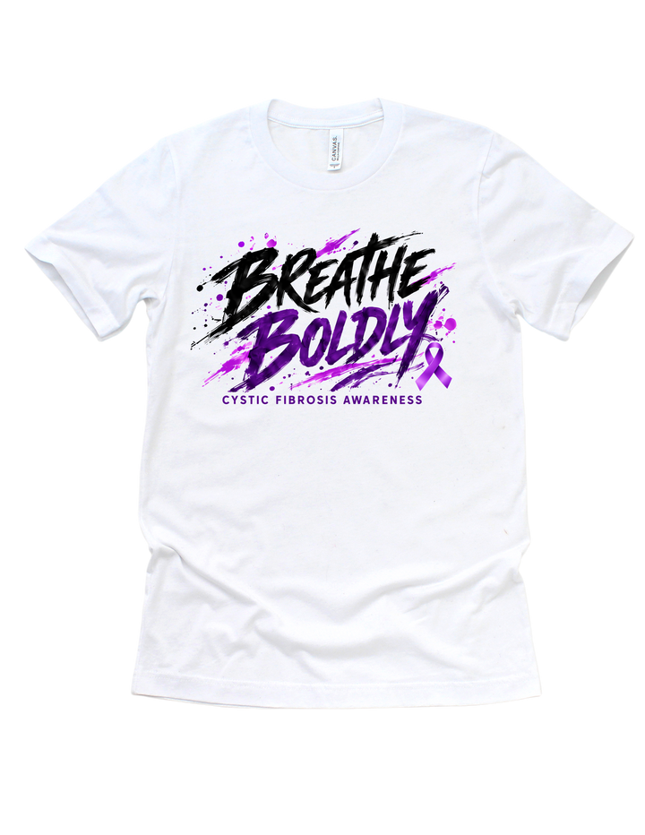 White Breathe Boldly cystic fibrosis awareness T-shirt with black and purple graphic lettering