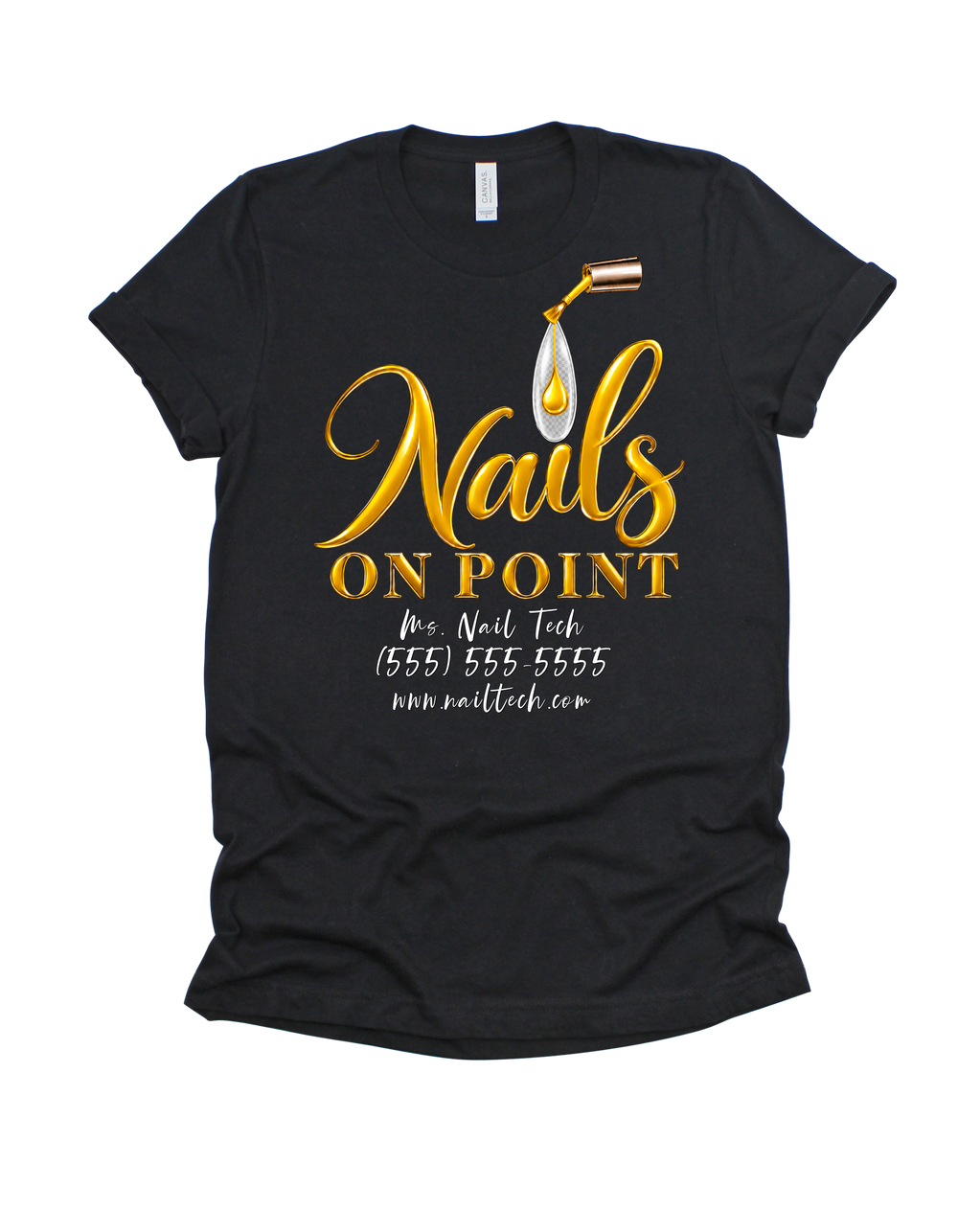 Black Nails on Point nail tech T-shirt with yellow design