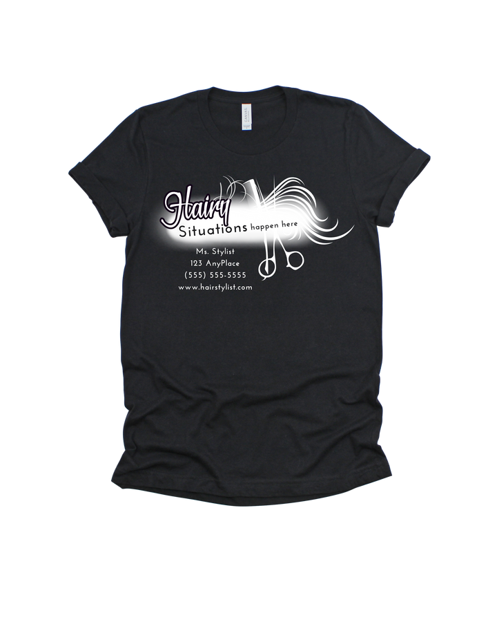 Black Hairy Situations Happen Here customizable hairstylist adult T-shirt