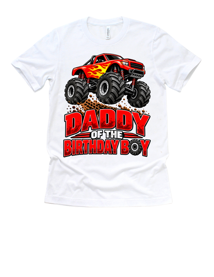 Monster Truck birthday dad design on a white adult T-shirt