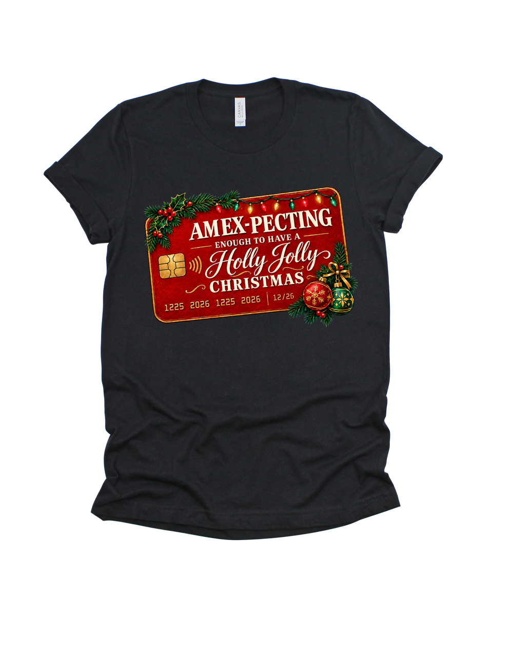 AMEX-PECTING Christmas Expectations design on a black adult T-shirt