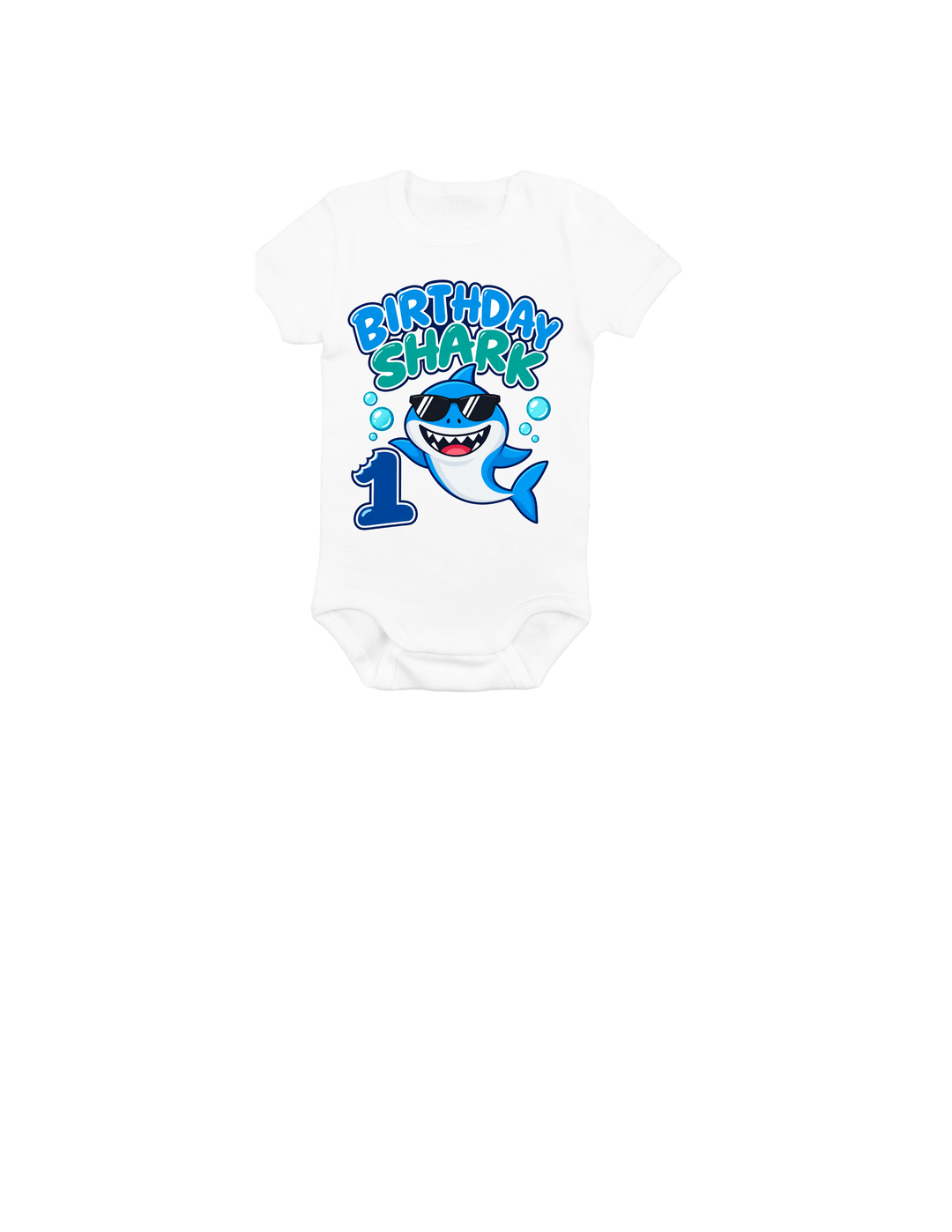 Shark bite number 1 first birthday design on a white onesie.