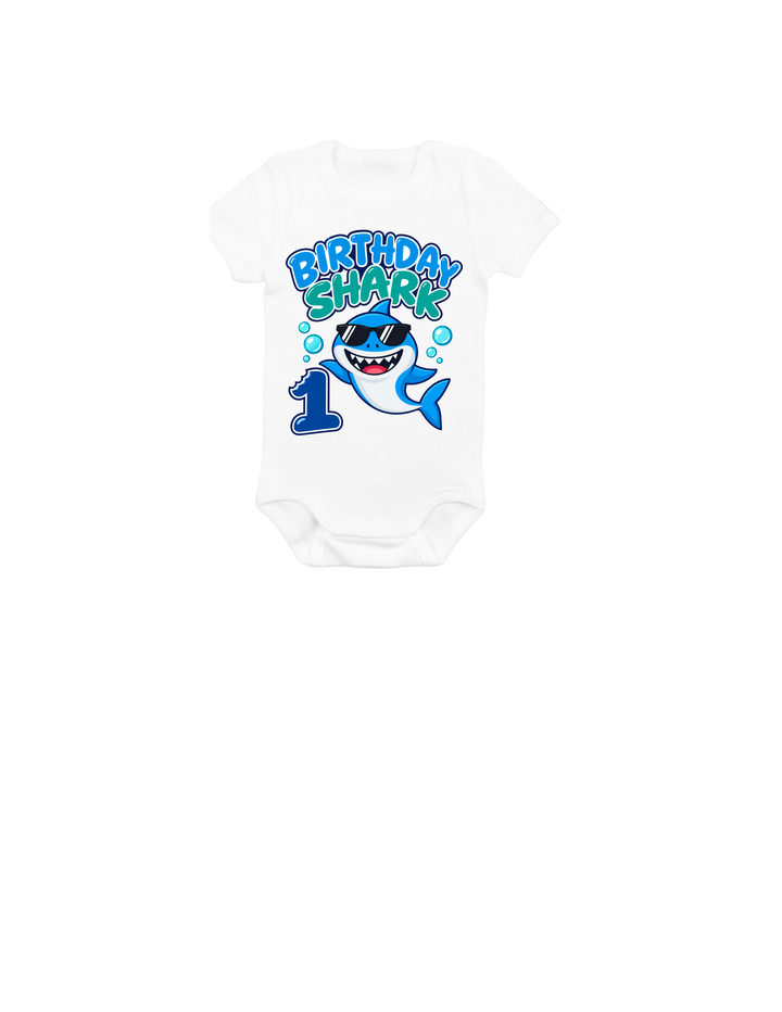 Shark bite number 1 first birthday design on a white onesie.