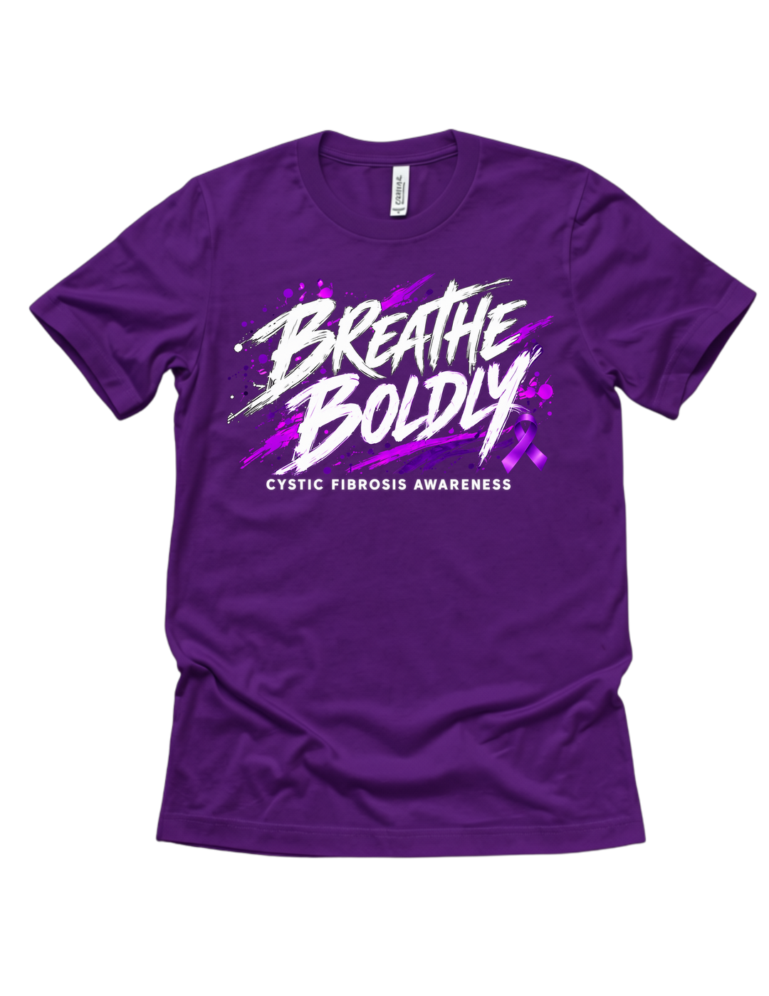 White Breathe Boldly cystic fibrosis awareness T-shirt with black and purple graphic lettering