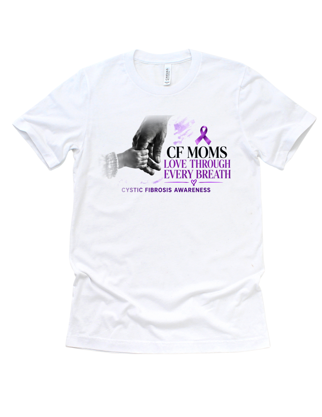White CF Moms T-shirt with purple awareness ribbon and Live Through Every Breath wording