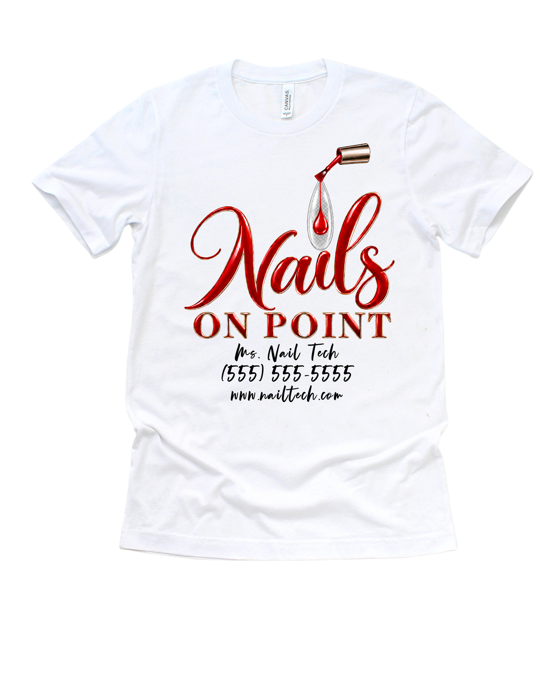 White Nails on Point nail tech T-shirt with red design