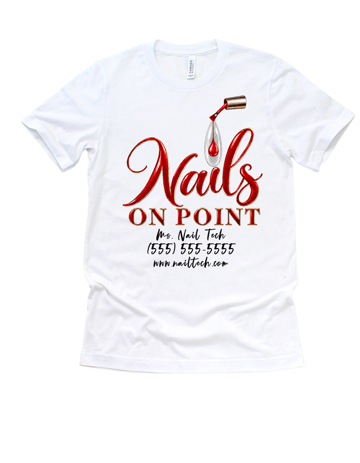 White Nails on Point nail tech T-shirt with red design