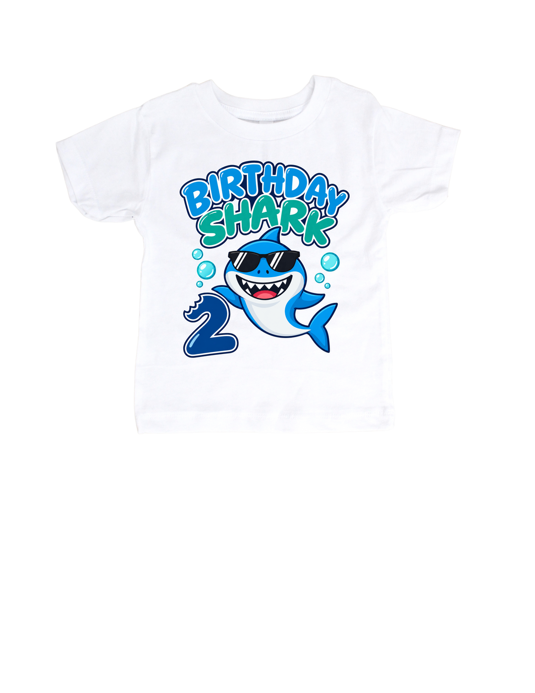Shark bite number 2 second birthday design on a white toddler T-shirt
