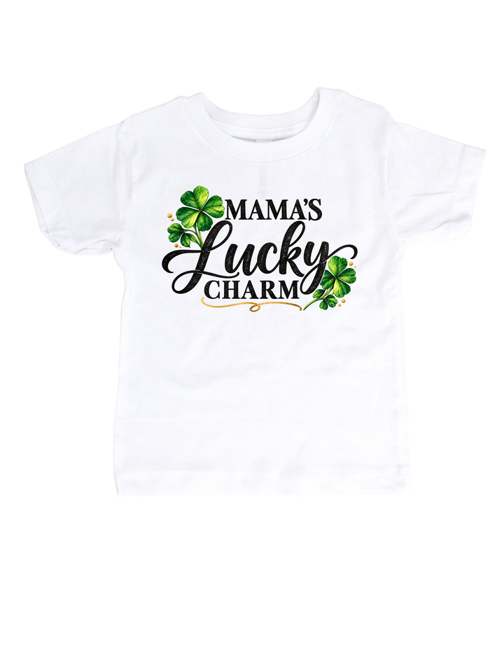 Mama’s Lucky Charm child St. Patrick’s Day T-shirt in white