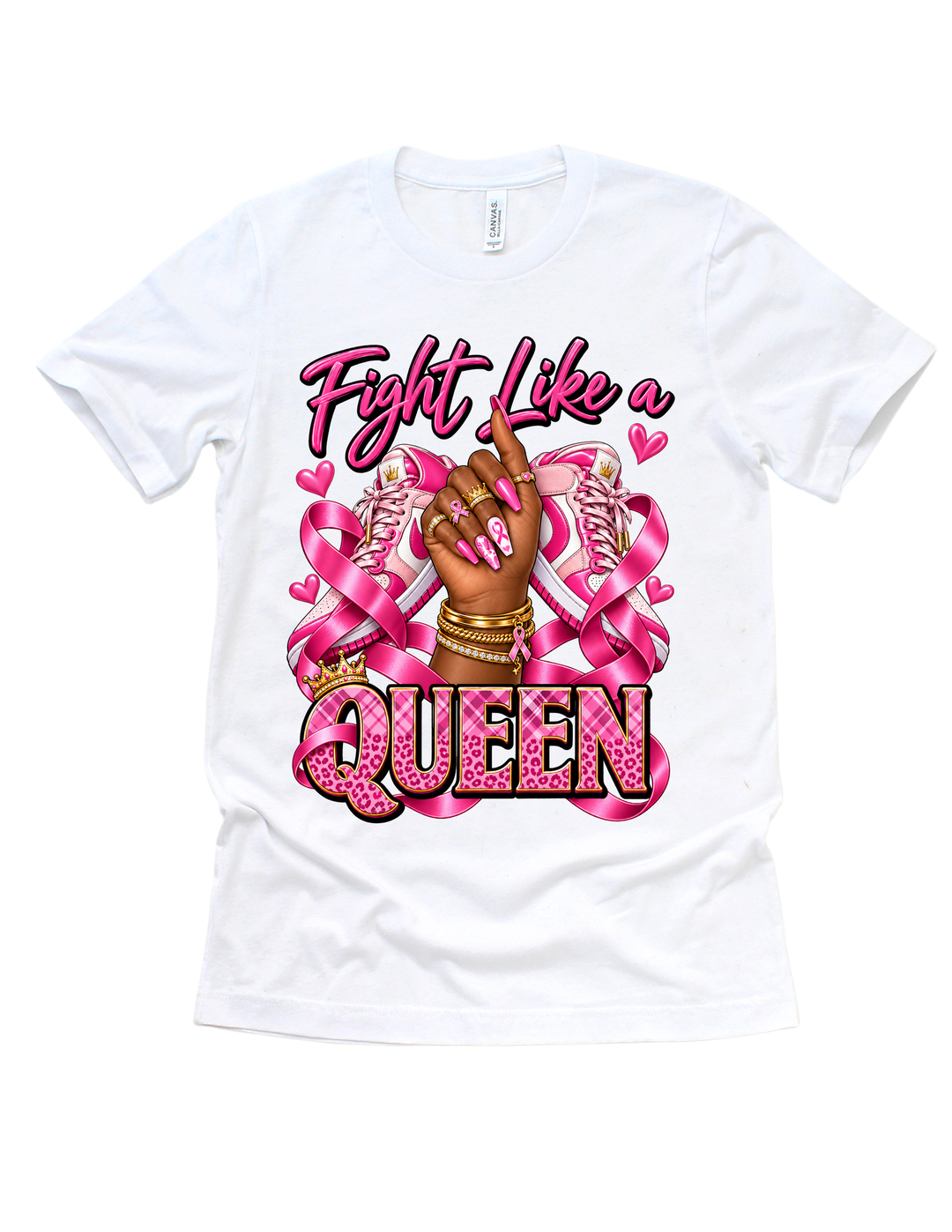 Fight Like a Queen breast cancer awareness design on a white adult T-shirt