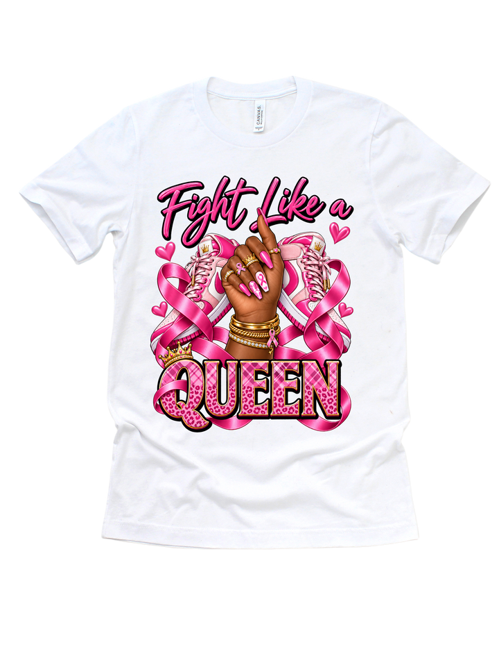 Fight Like a Queen breast cancer awareness design on a white adult T-shirt