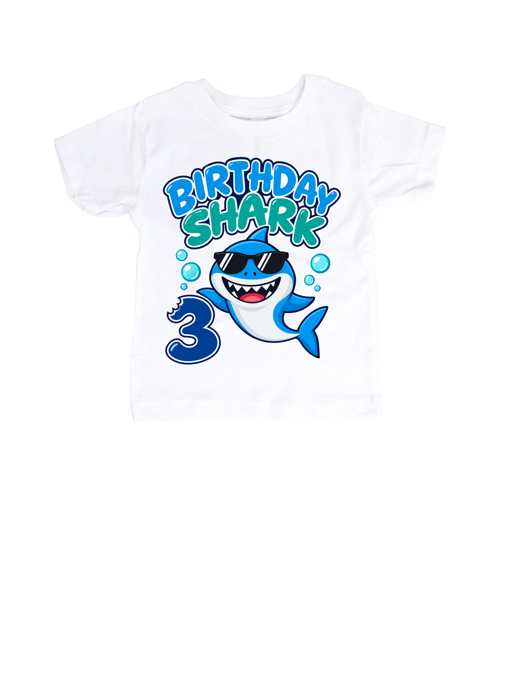 Shark bite number 3 third birthday design on a white toddler T-shirt