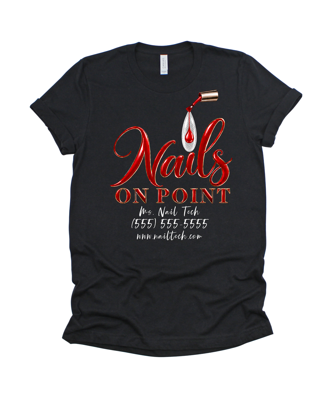 Black Nails on Point nail tech T-shirt with red design