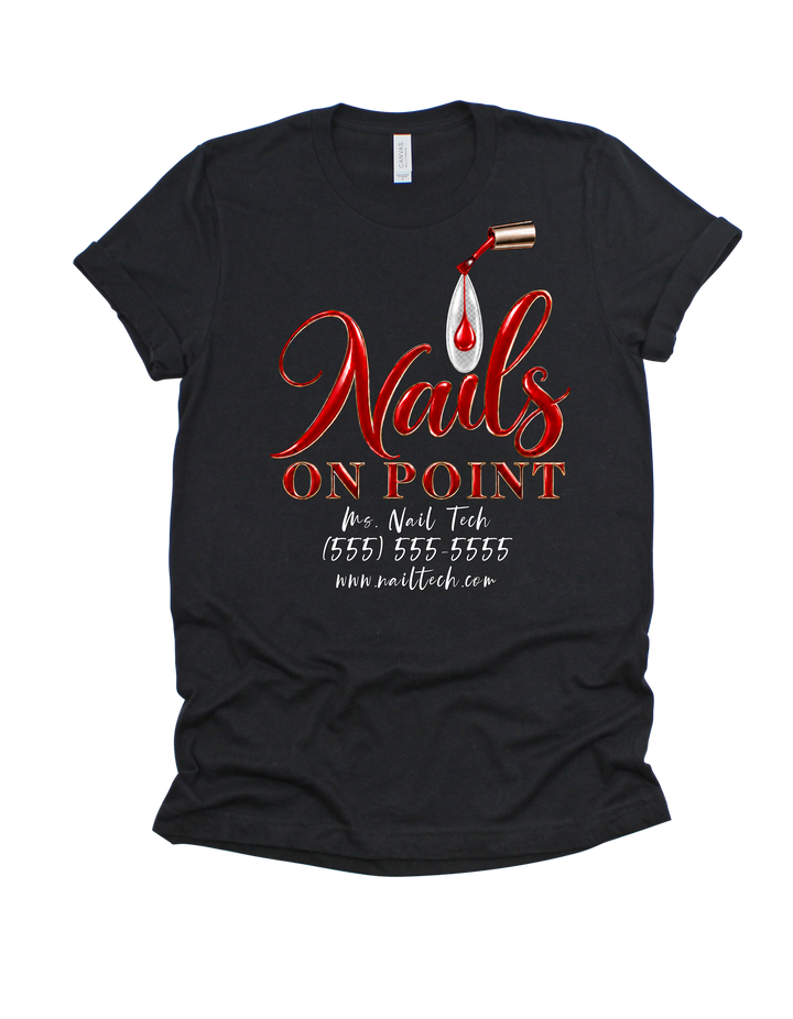Black Nails on Point nail tech T-shirt with red design