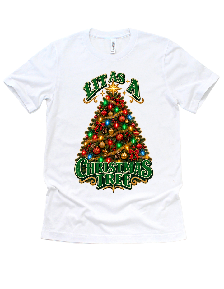 Lit as a Christmas Tree design on a white adult T-shirt
