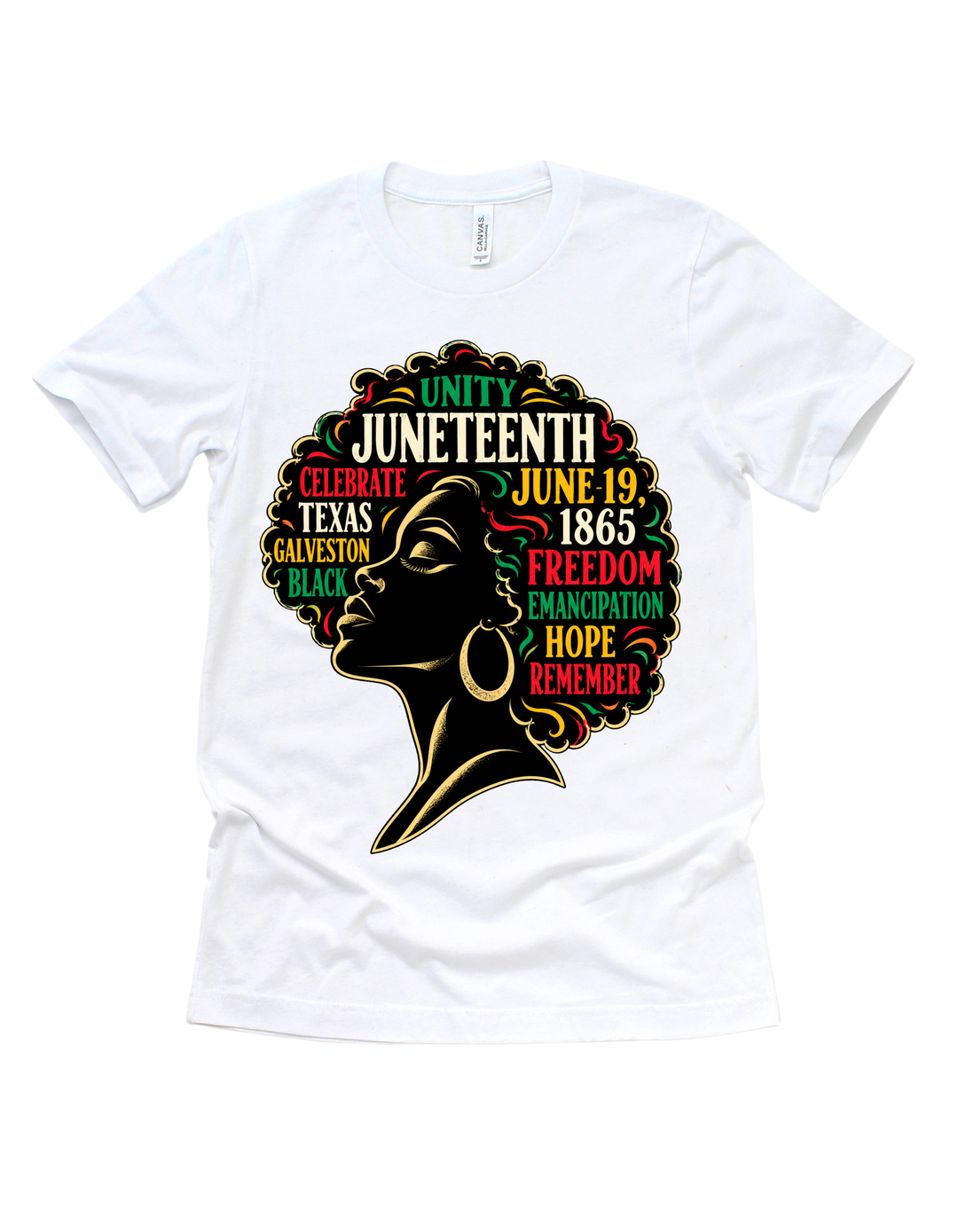 Black woman with Juneteenth words in her Afro on a white T-shirt