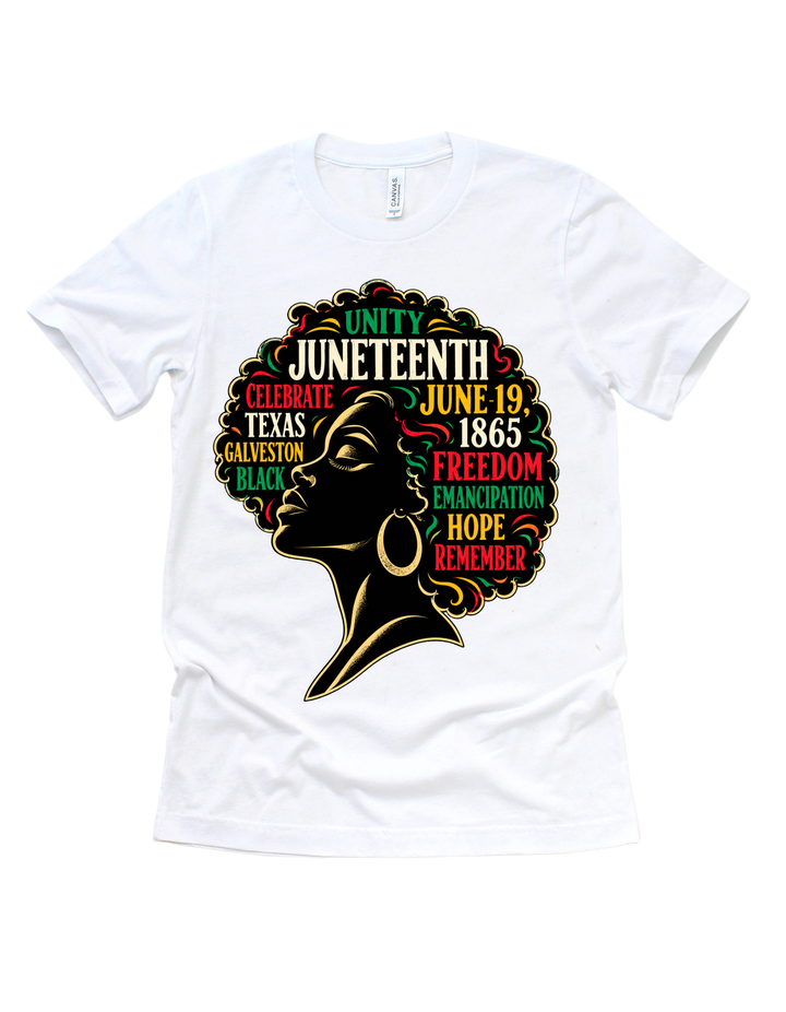 Black woman with Juneteenth words in her Afro on a white T-shirt