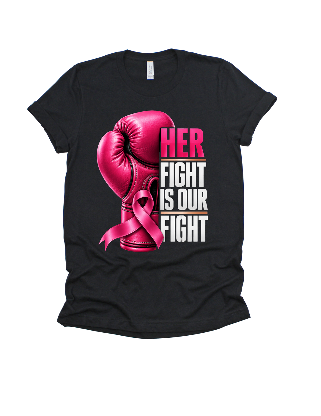 Her Fight Is Our Fight breast cancer awareness design on a black adult T-shirt