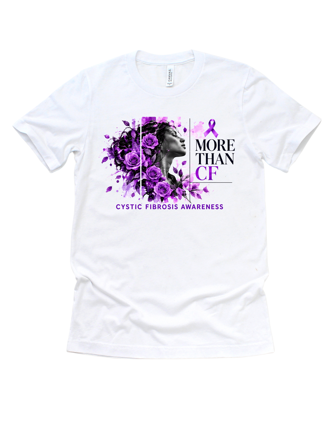 White More Than CF cystic fibrosis awareness T-shirt with purple floral graphic