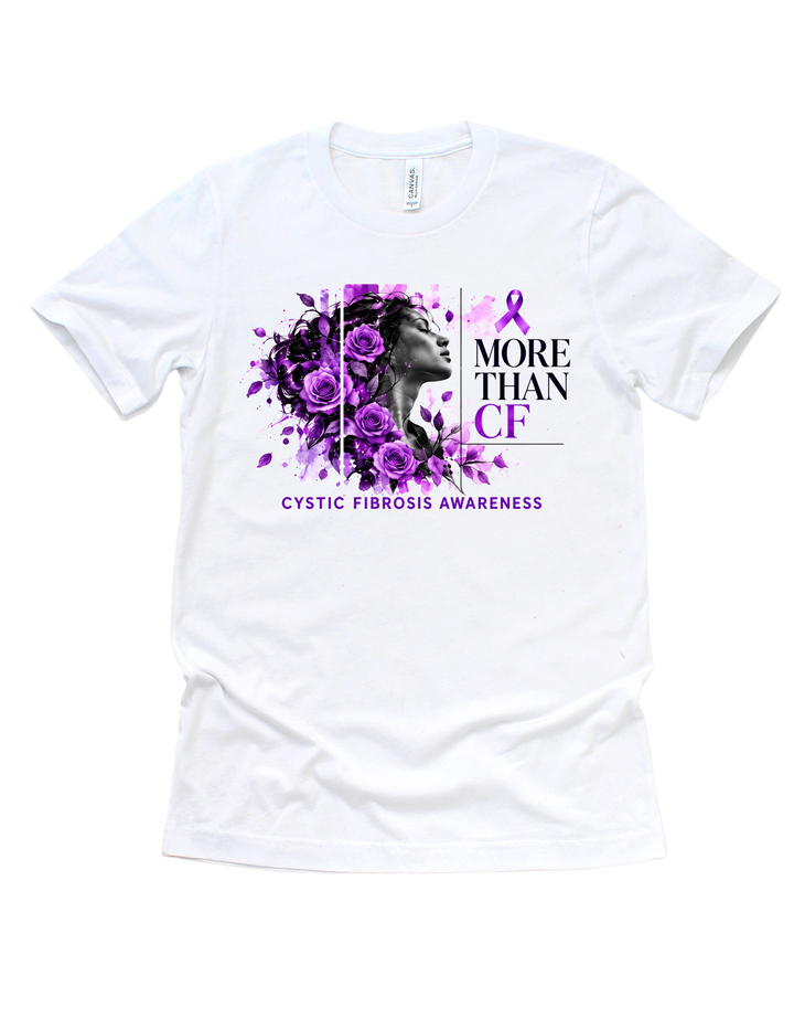 White More Than CF cystic fibrosis awareness T-shirt with purple floral graphic