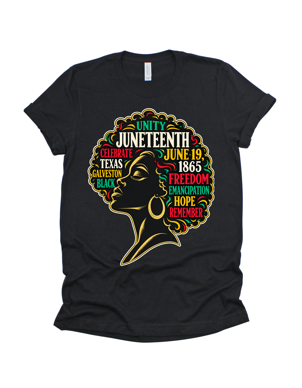 Black woman with Juneteenth words in her Afro on a black T-shirt