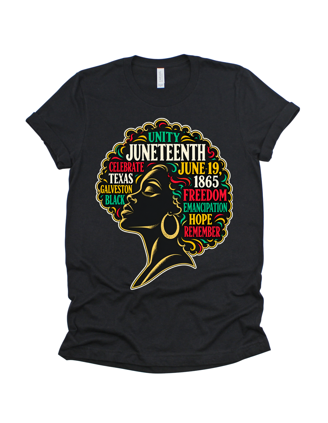 Black woman with Juneteenth words in her Afro on a black T-shirt
