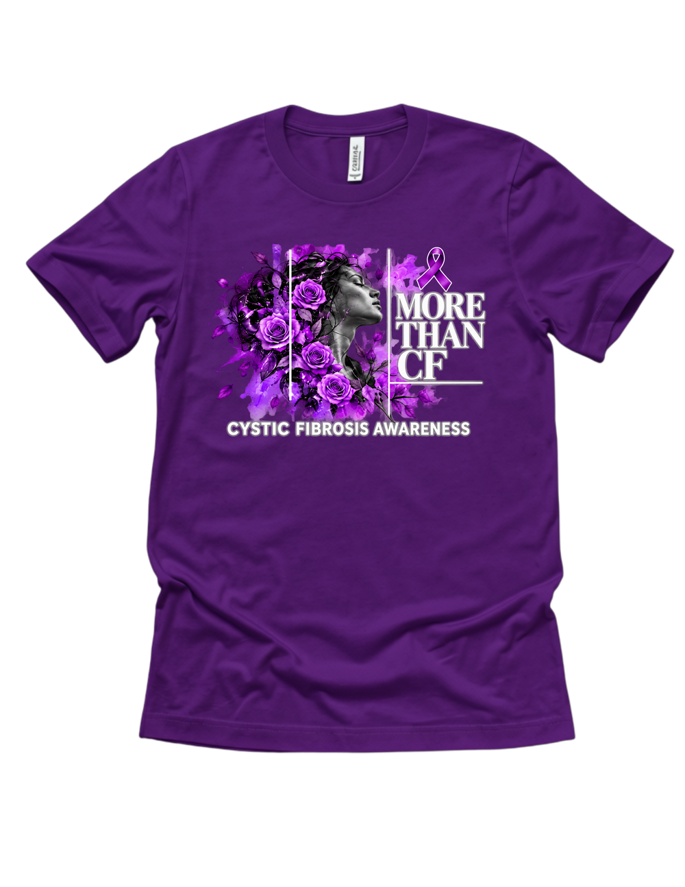 Purple More Than CF cystic fibrosis awareness T-shirt with purple floral graphic