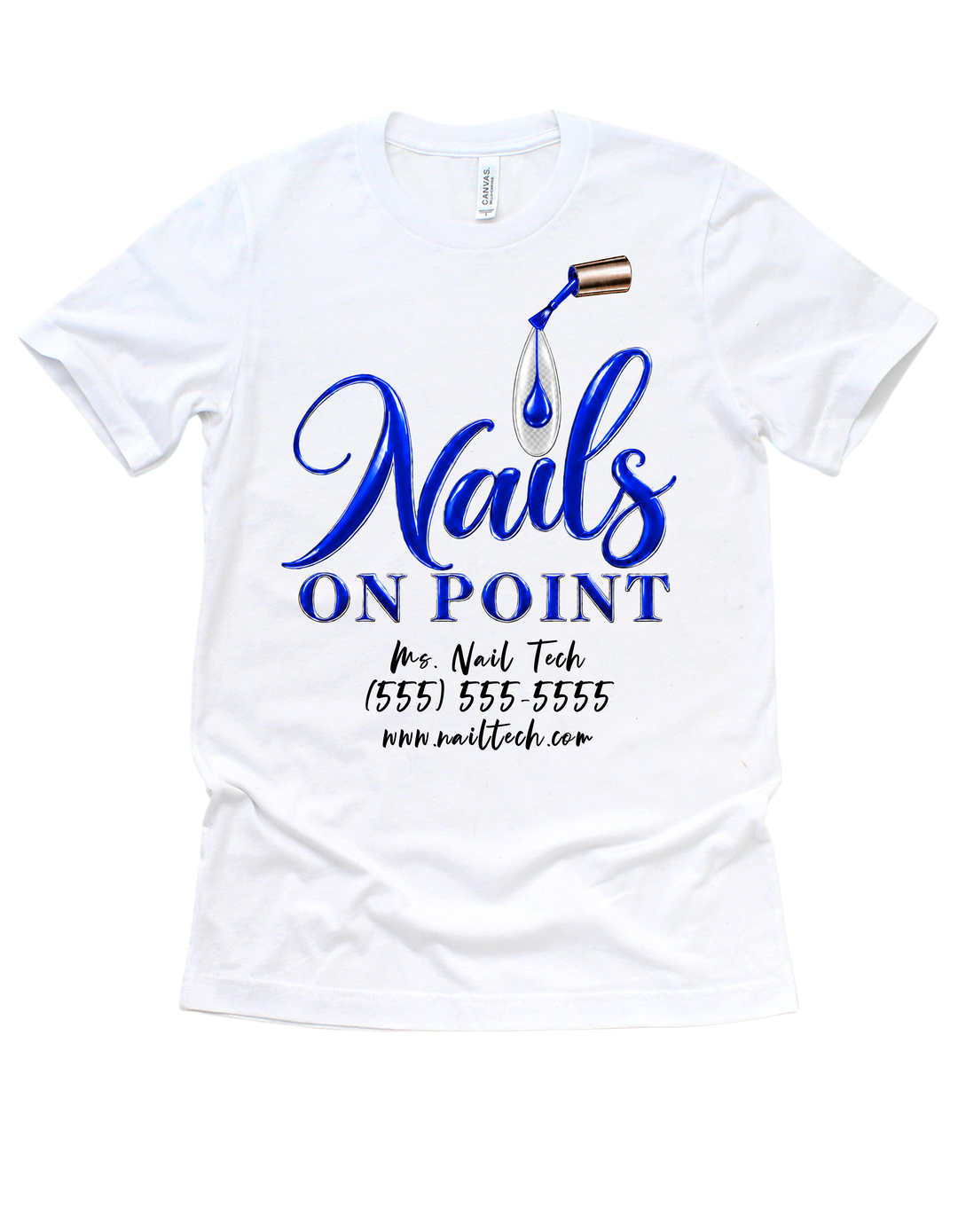 White Nails on Point nail tech T-shirt with blue design