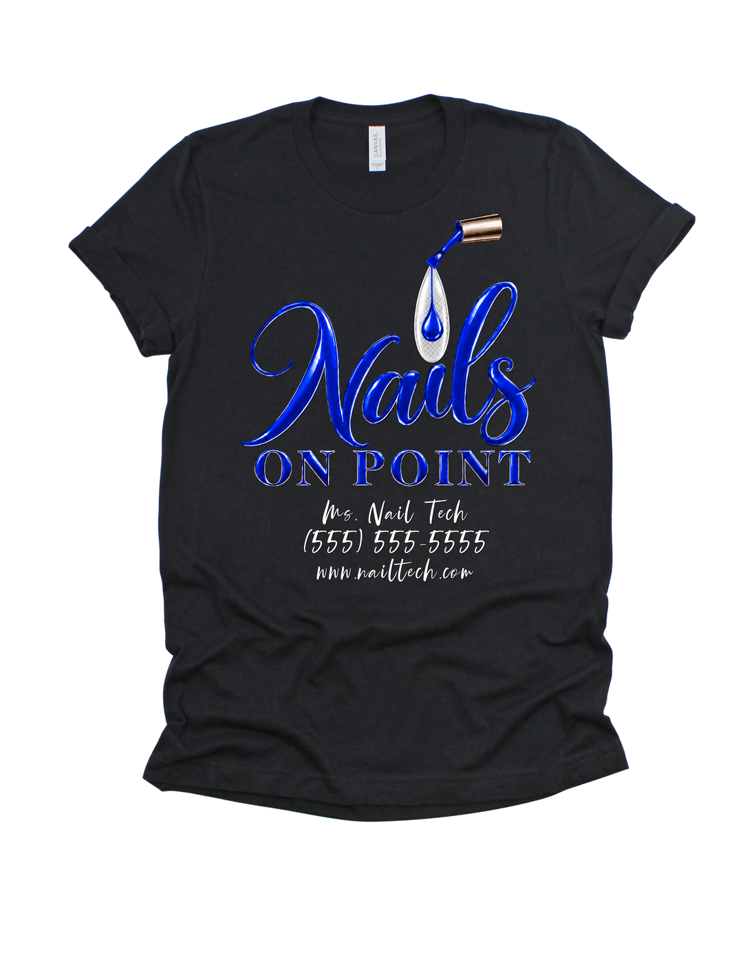 Black Nails on Point nail tech T-shirt with blue design
