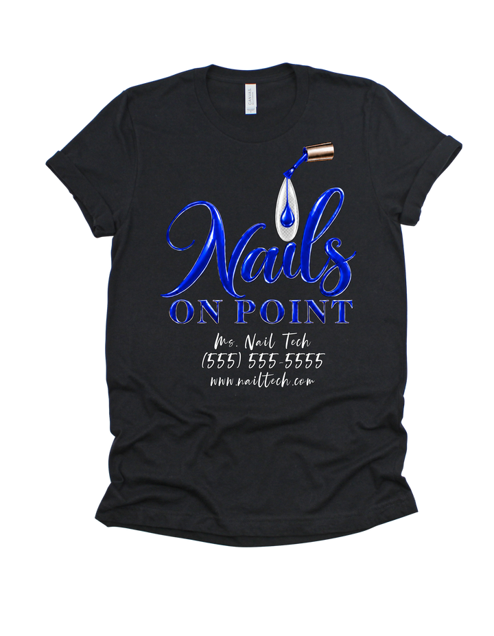 Black Nails on Point nail tech T-shirt with blue design