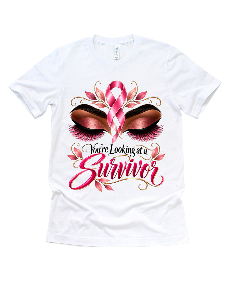 You’re Looking at a Survivor breast cancer awareness design on a white adult T-shirt