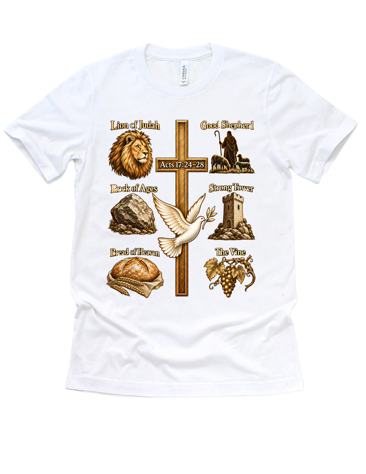 White Acts 17:24–28 scripture adult T-shirt