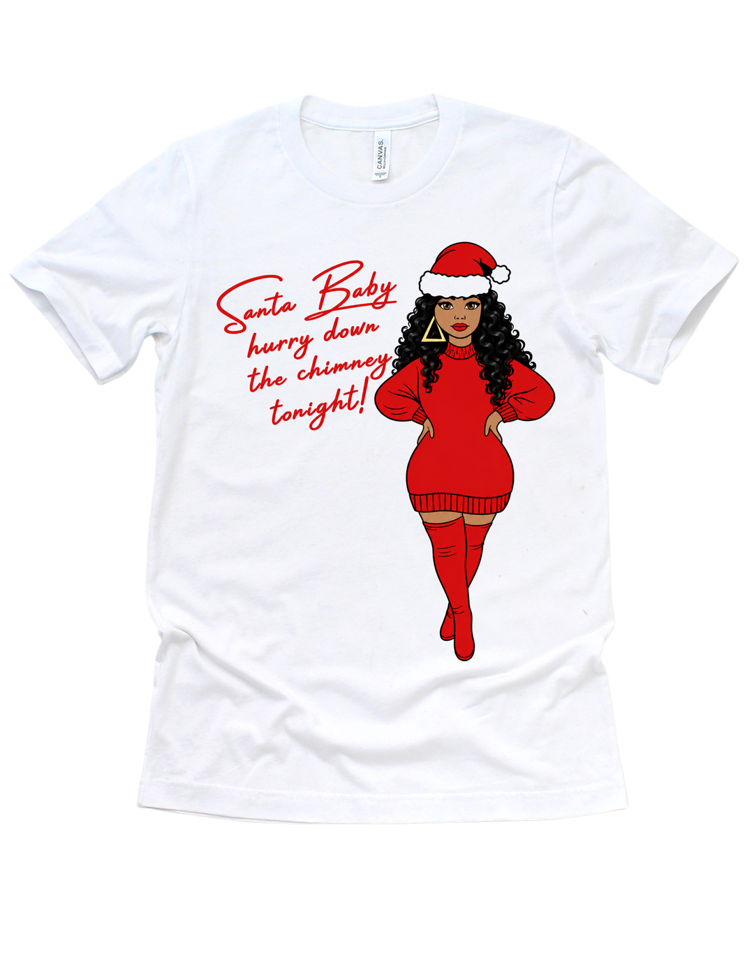 Santa Baby Christmas design on a white adult T-shirt