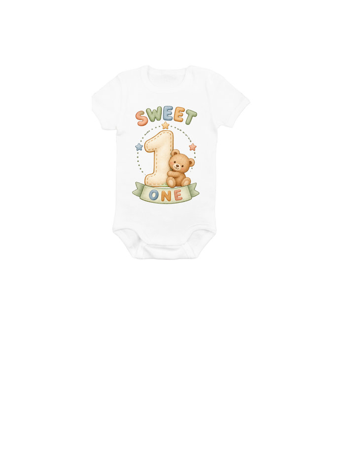 Sweet One birthday design on a white baby onesie