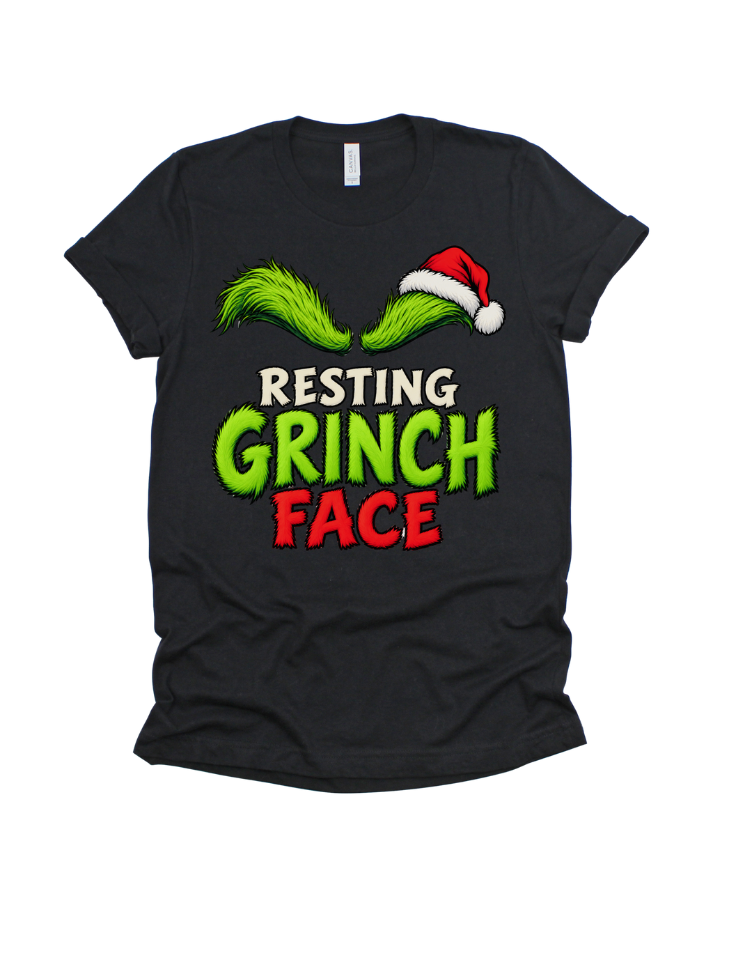 Resting Grinch Face Christmas design on a black adult T-shirt