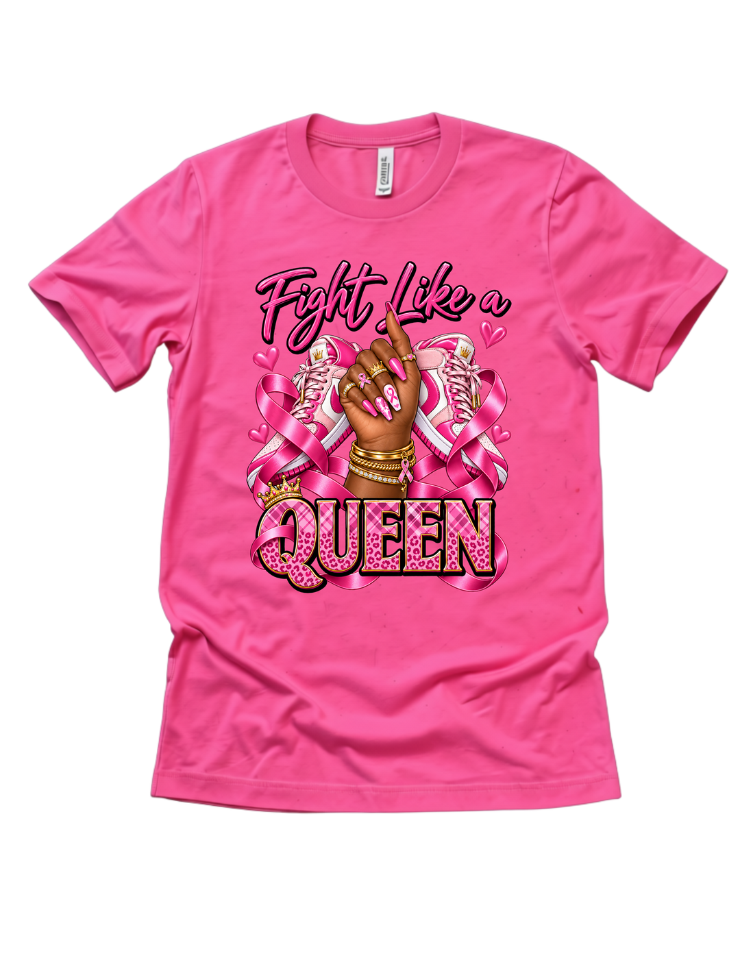 Fight Like a Queen breast cancer awareness design on a pink adult T-shirt