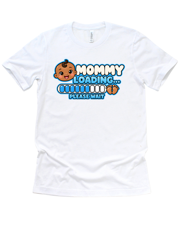 Baby Boy Loading Mommy T-shirt with medium skin tone on white