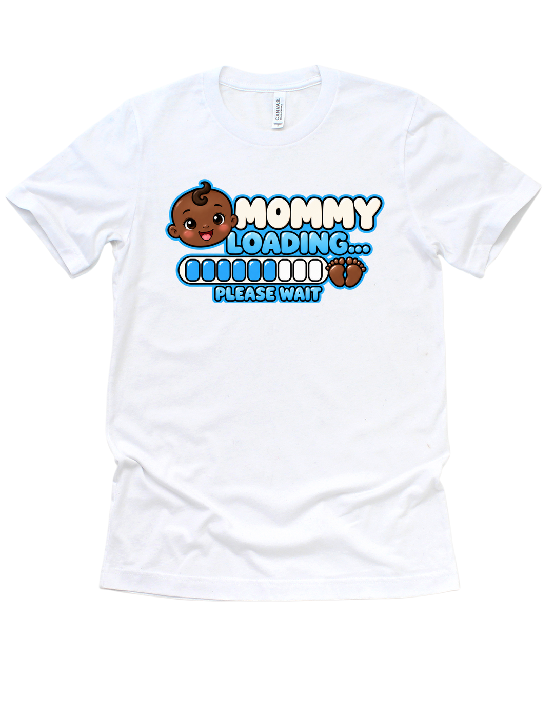 Baby Boy Loading Mommy T-shirt with dark skin tone on white