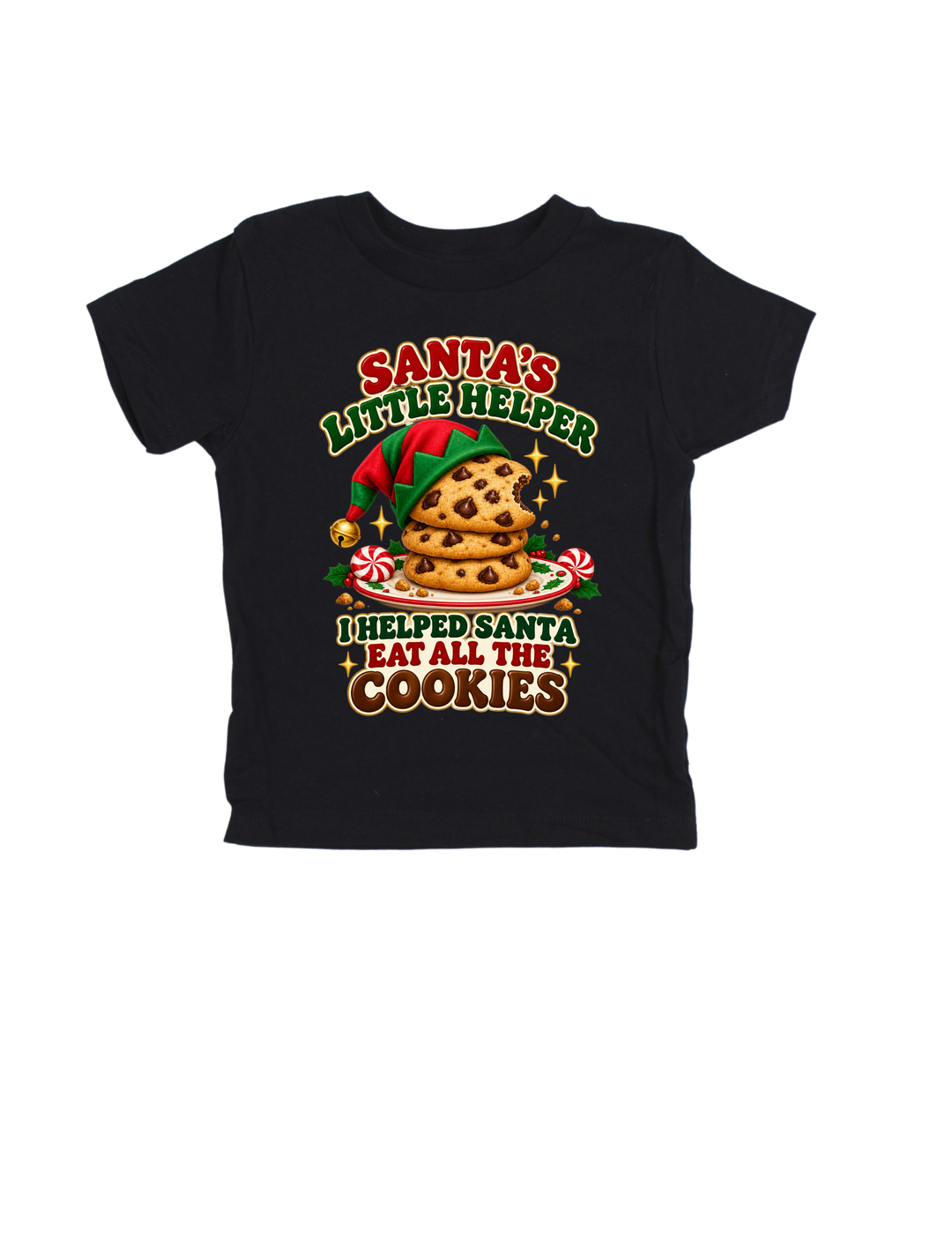 Santa’s Little Helper Christmas design on a black kids’ T-shirt