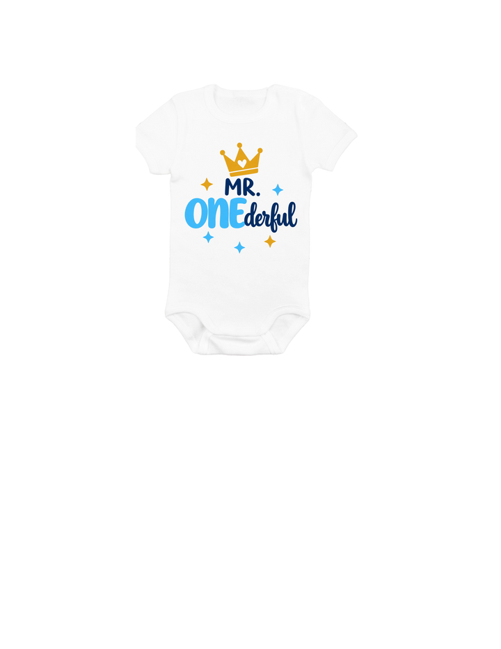 Mr. ONEderful first birthday design on a white baby onesie