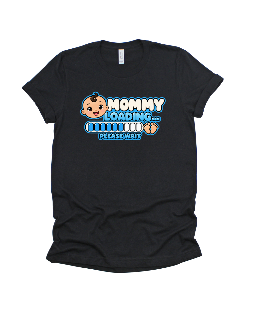 Baby Boy Loading Mommy T-shirt with light skin tone on black