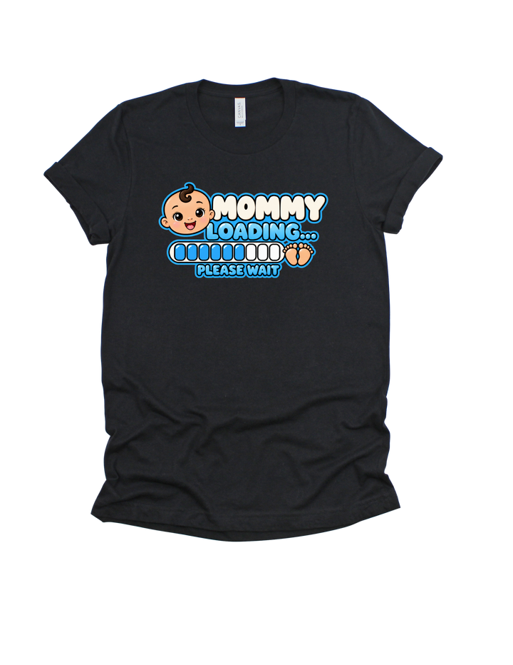 Baby Boy Loading Mommy T-shirt with light skin tone on black