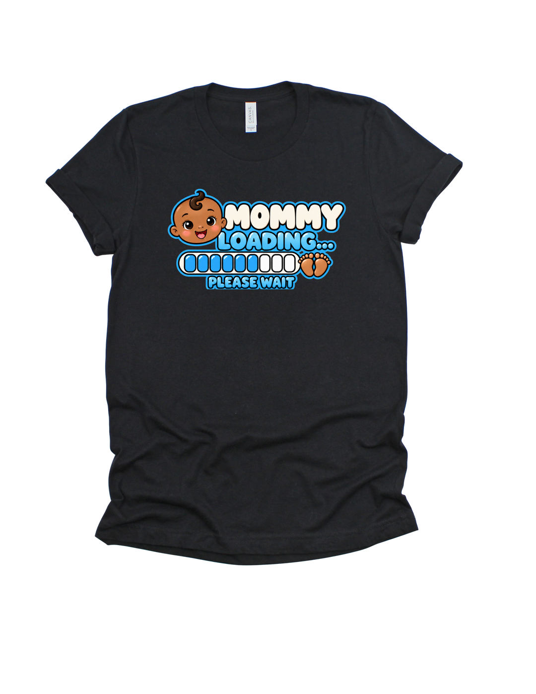Baby Boy Loading Mommy T-shirt with medium skin tone on black
