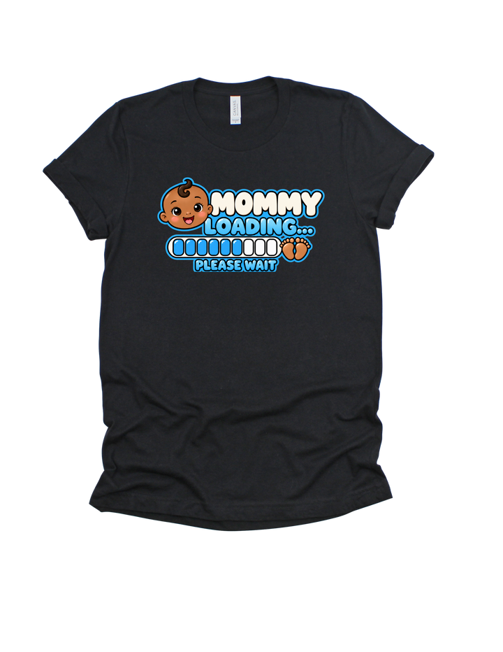 Baby Boy Loading Mommy T-shirt with medium skin tone on black